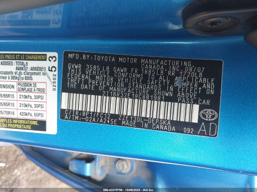 2008 Toyota Corolla S VIN: 2T1BR32E18C881981 Lot: 43379796