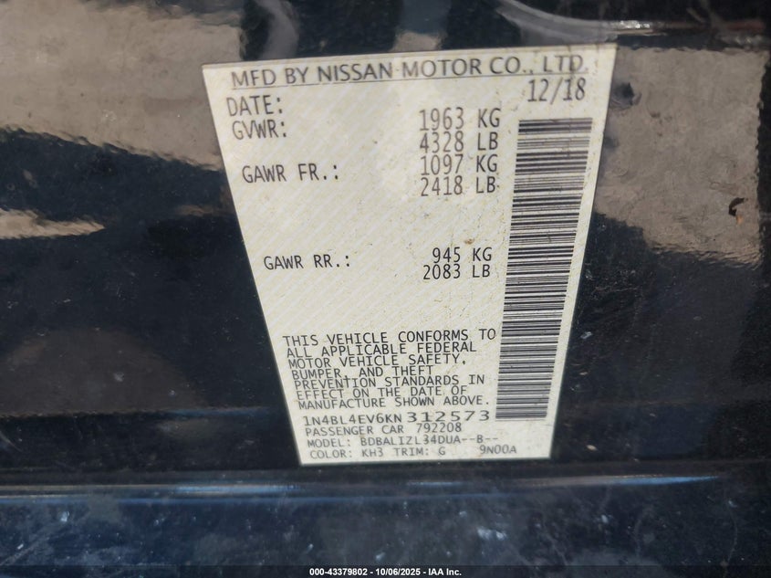 2019 NISSAN ALTIMA 2.5 SL 1N4BL4EV6KN312573