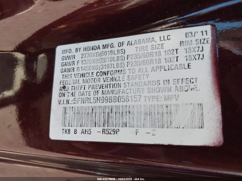 2011 Honda Odyssey Touring/Touring Elite VIN: 5FNRL5H99BB058157 Lot: 43379806