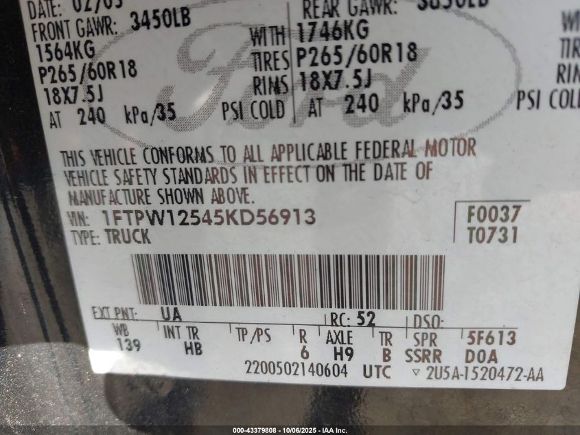 2005 Ford F-150 Lariat/Xlt VIN: 1FTPW12545KD56913 Lot: 43379808
