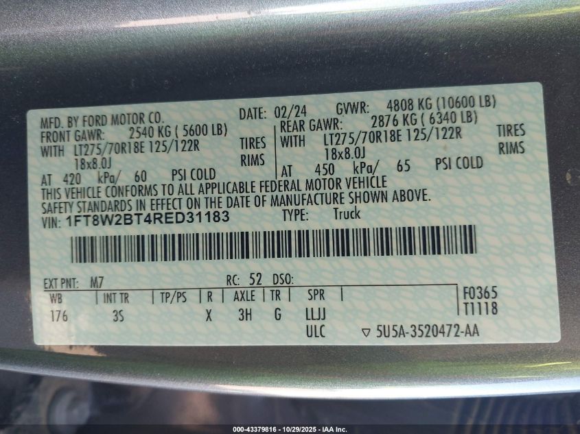 2024 Ford F-250 Xlt VIN: 1FT8W2BT4RED31183 Lot: 43379816