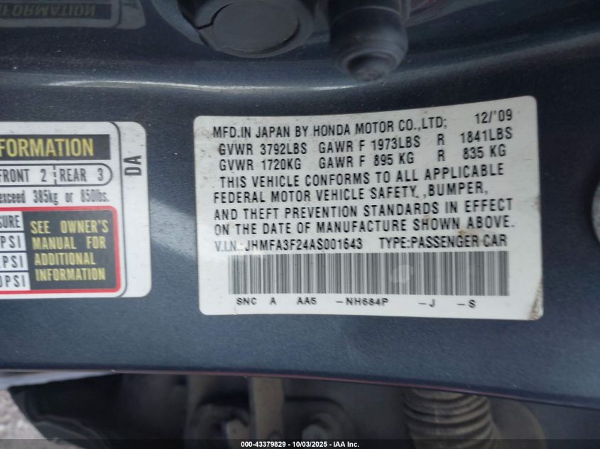 2010 Honda Civic Hybrid VIN: JHMFA3F24AS001643 Lot: 43379829