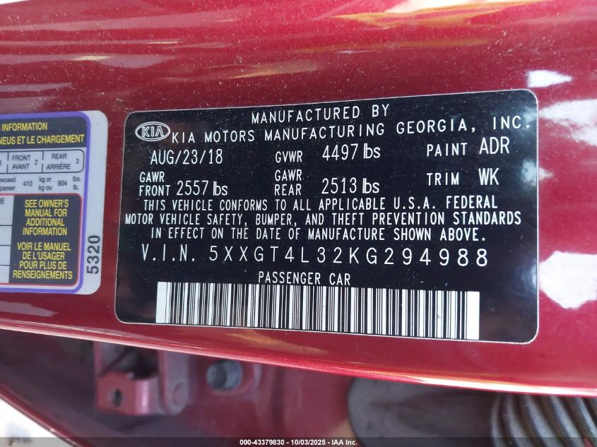 2019 Kia Optima S VIN: 5XXGT4L32KG294988 Lot: 43379830