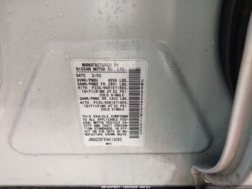 2003 Nissan Murano Se VIN: JN8AZ08T83W114083 Lot: 43379831