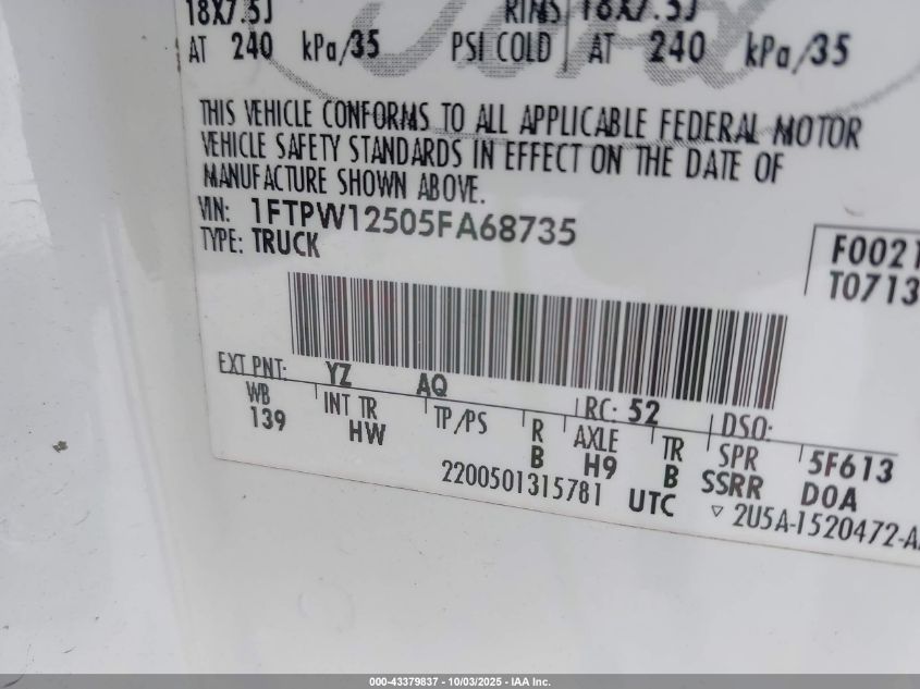 2005 Ford F-150 Lariat/Xlt VIN: 1FTPW12505FA68735 Lot: 43379837