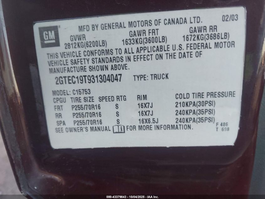 2003 GMC Sierra 1500 Sle VIN: 2GTEC19T931304047 Lot: 43379843