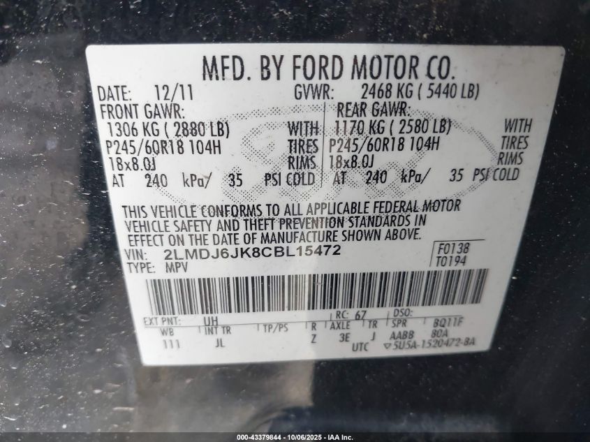 2012 Lincoln Mkx VIN: 2LMDJ6JK8CBL15472 Lot: 43379844