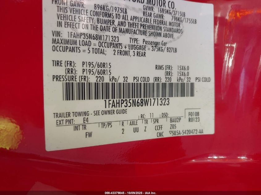 2008 Ford Focus Se/Ses VIN: 1FAHP35N68W171323 Lot: 43379845