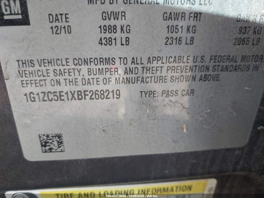 2011 Chevrolet Malibu 1Lt VIN: 1G1ZC5E1XBF268219 Lot: 43379846