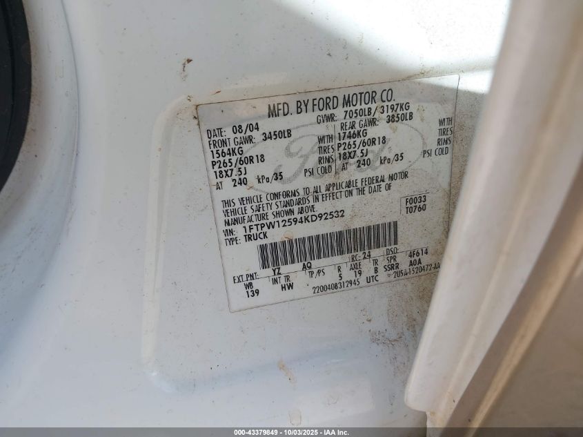 2004 Ford F-150 Lariat/Xlt VIN: 1FTPW12594KD92532 Lot: 43379849