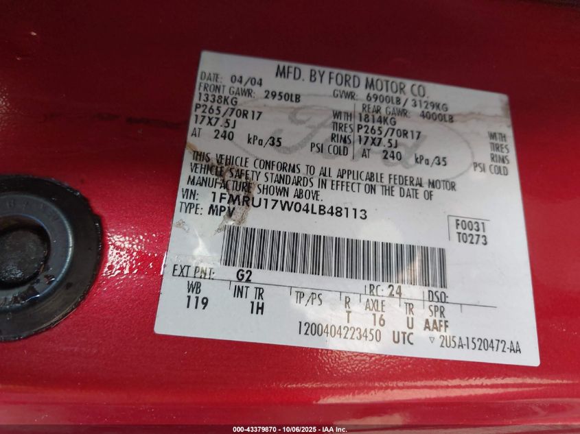 2004 Ford Expedition Eddie Bauer VIN: 1FMRU17W04LB48113 Lot: 43379870