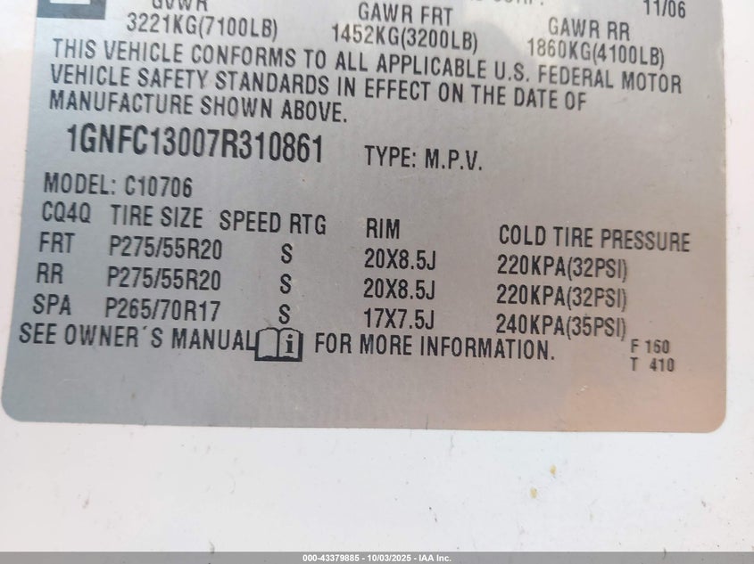 2007 Chevrolet Tahoe Lt VIN: 1GNFC13007R310861 Lot: 43379885