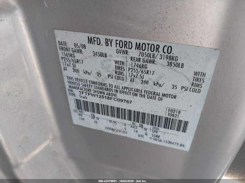 2008 Ford F-150 60Th Anniversary/Fx2/King Ranch/Lariat/Limited/Xlt VIN: 1FTPW12518FC09767 Lot: 43379891