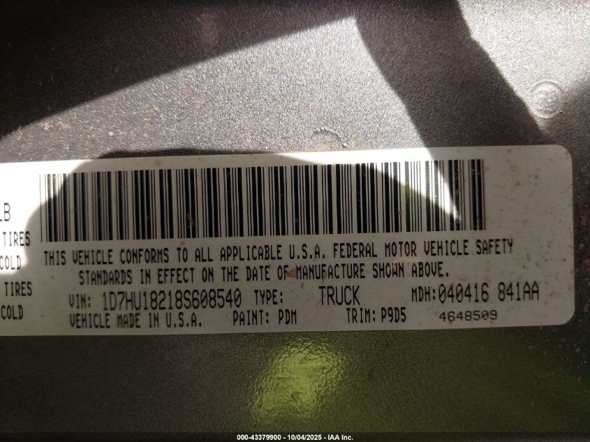2008 Dodge Ram 1500 Slt VIN: 1D7HU18218S608540 Lot: 43379900