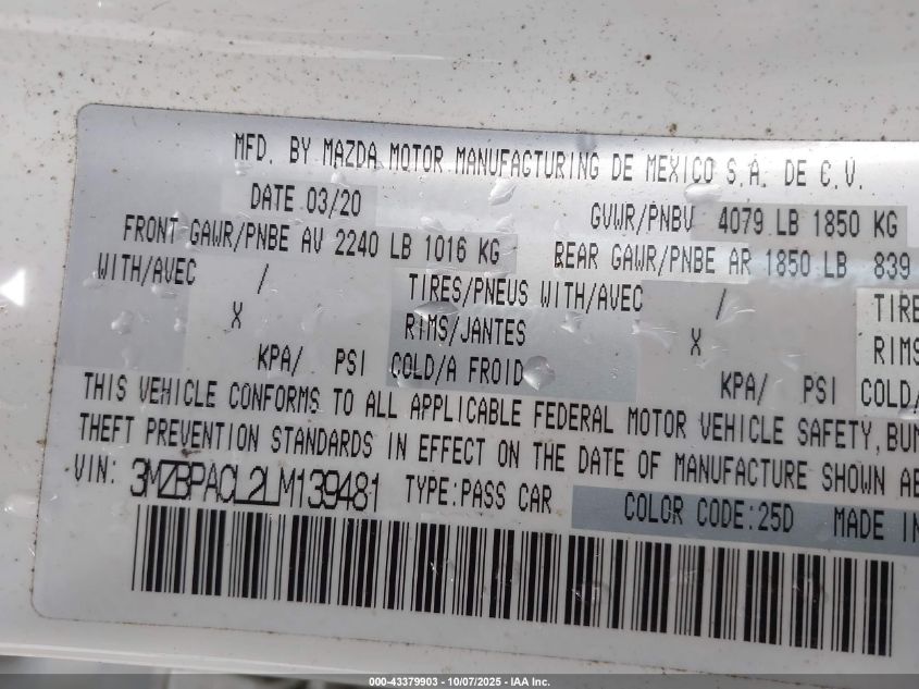 2020 Mazda Mazda3 Select Package VIN: 3MZBPACL2LM139481 Lot: 43379903