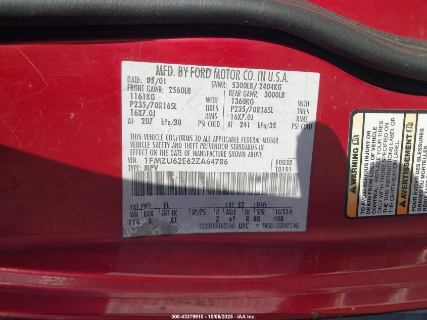 2002 Ford Explorer Xls VIN: 1FMZU62E62ZA64786 Lot: 43379910