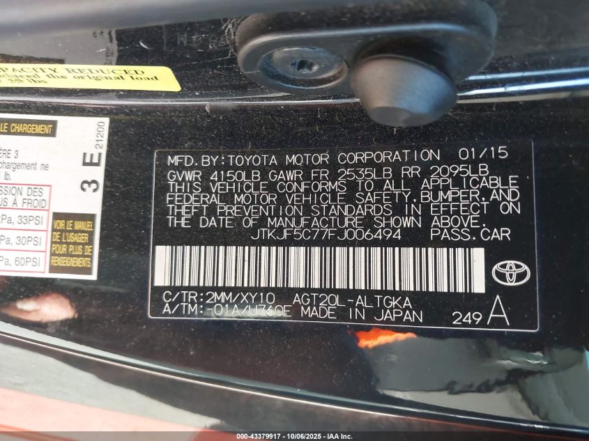 2015 Scion Tc Release Series 9.0 VIN: JTKJF5C77FJ006494 Lot: 43379917