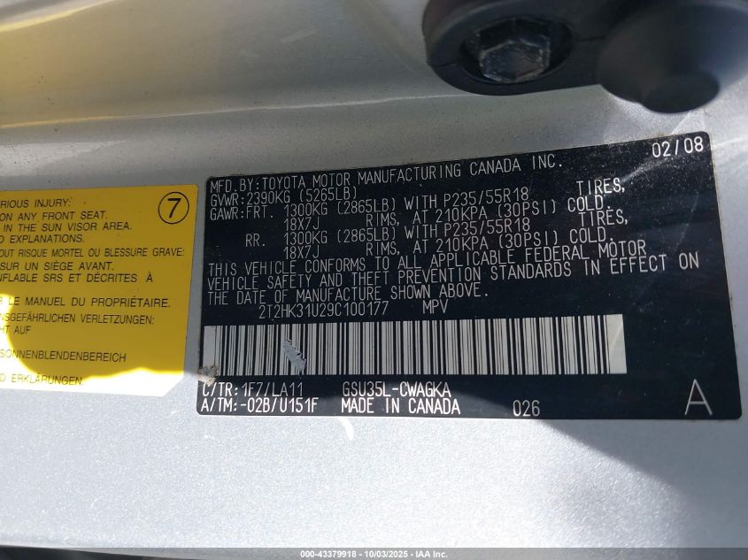 2009 Lexus Rx 350 VIN: 2T2HK31U29C100177 Lot: 43379918