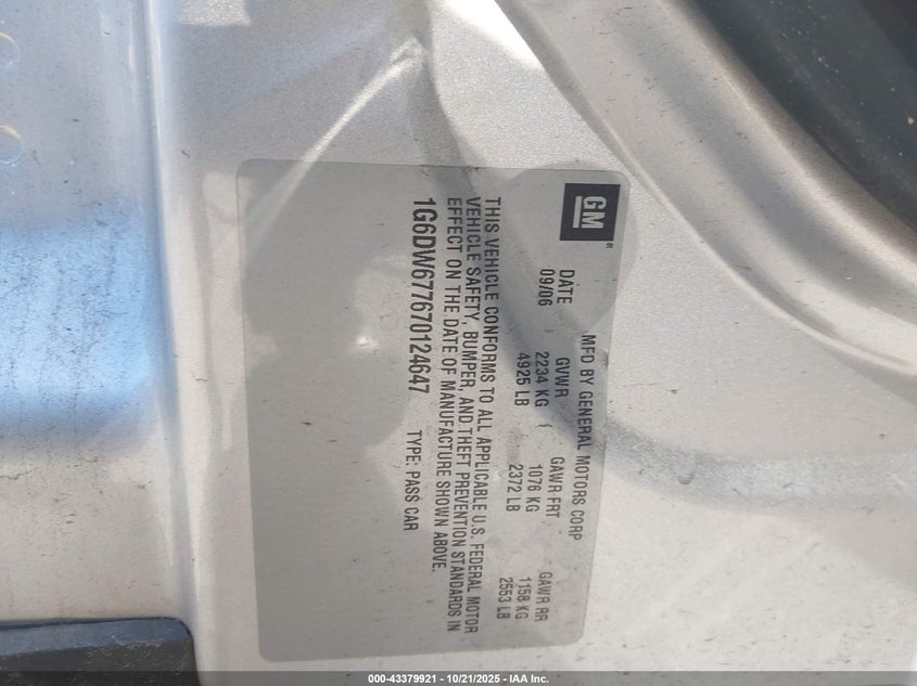 2007 Cadillac Sts V6 VIN: 1G6DW677670124647 Lot: 43379921