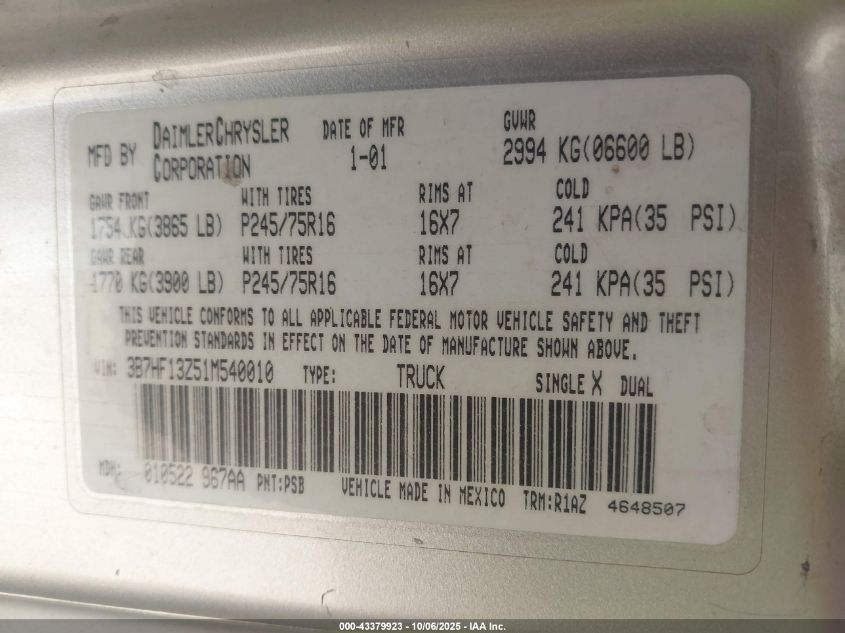 2001 Dodge Ram 1500 St VIN: 3B7HF13Z51M540010 Lot: 43379923