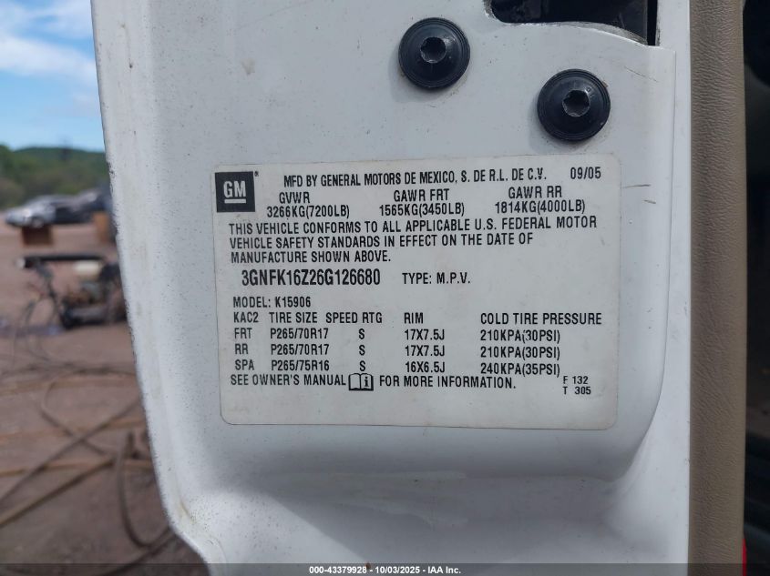 2006 Chevrolet Suburban 1500 Z71 VIN: 3GNFK16Z26G126680 Lot: 43379928