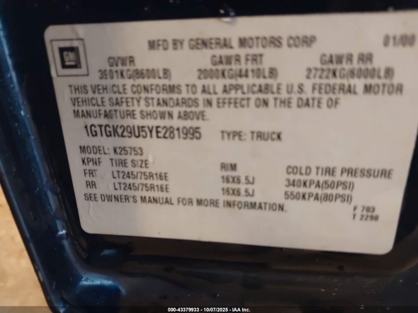 2000 GMC Sierra 2500 Sle VIN: 1GTGK29U5YE281995 Lot: 43379933