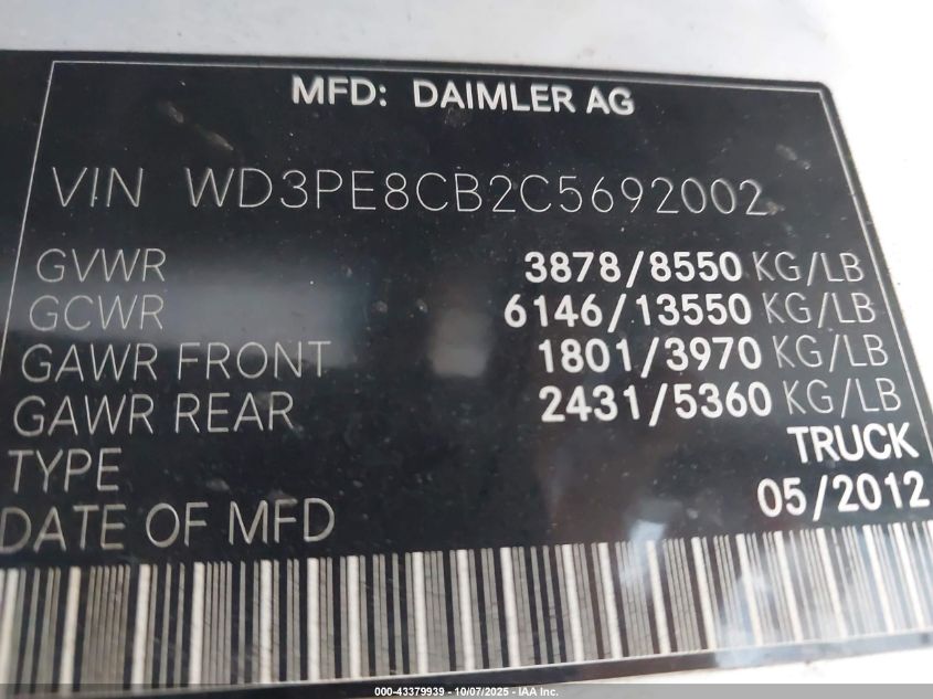2012 Mercedes-Benz Sprinter 2500 High Roof VIN: WD3PE8CB2C5692002 Lot: 43379939