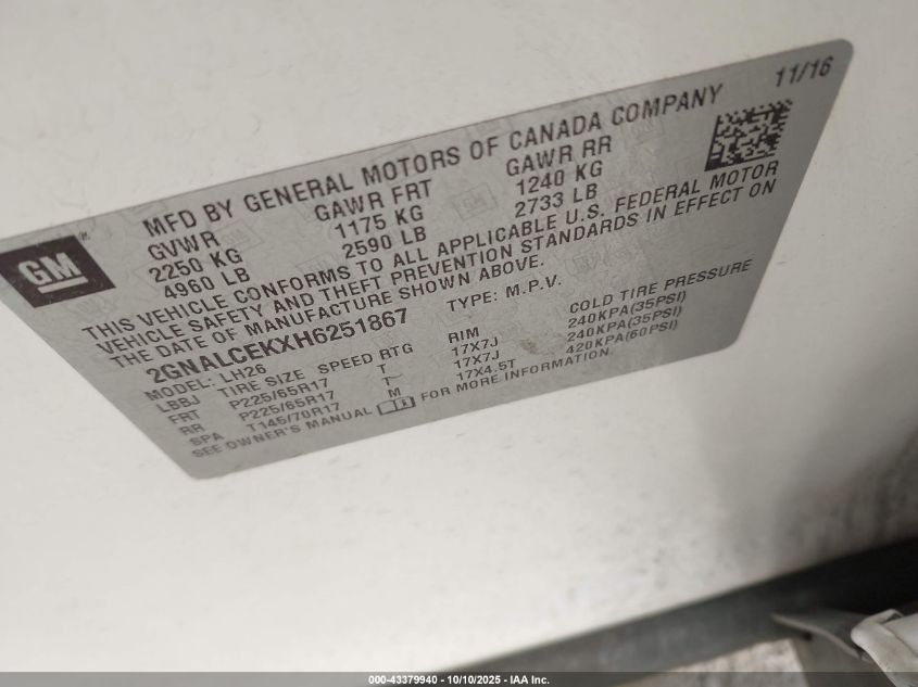 2017 Chevrolet Equinox Lt VIN: 2GNALCEKXH6251867 Lot: 43379940