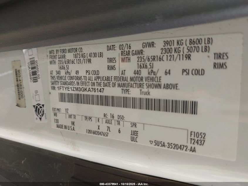 2016 Ford Transit-150 VIN: 1FTYE1ZM3GKA76147 Lot: 43379941