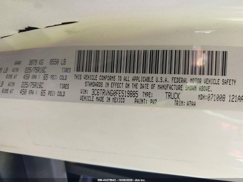 2015 Ram Promaster 1500 Low Roof VIN: 3C6TRVNG0FE519885 Lot: 43379943