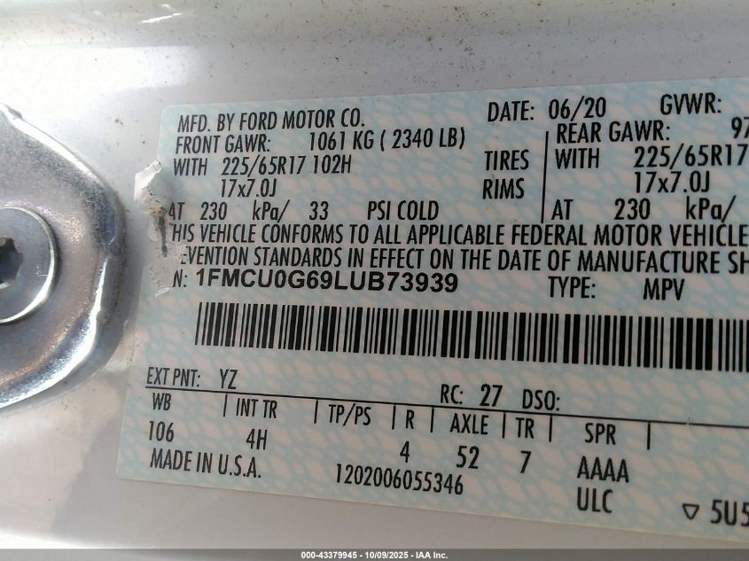 2020 Ford Escape Se VIN: 1FMCU0G69LUB73939 Lot: 43379945