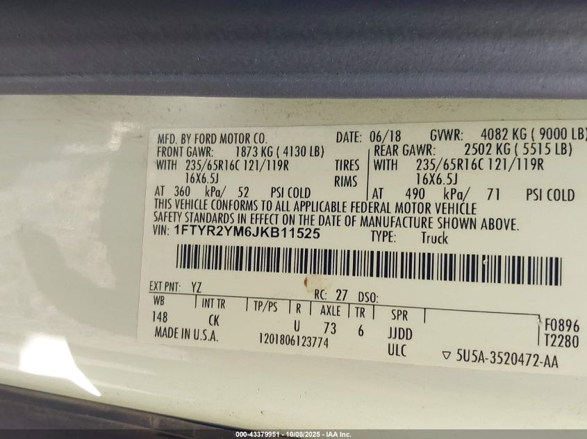 2018 Ford Transit-250 VIN: 1FTYR2YM6JKB11525 Lot: 43379951