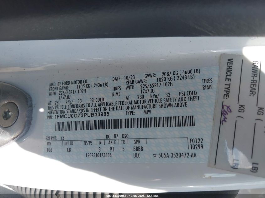 2023 Ford Escape Active VIN: 1FMCU0GZ3PUB33985 Lot: 43379953