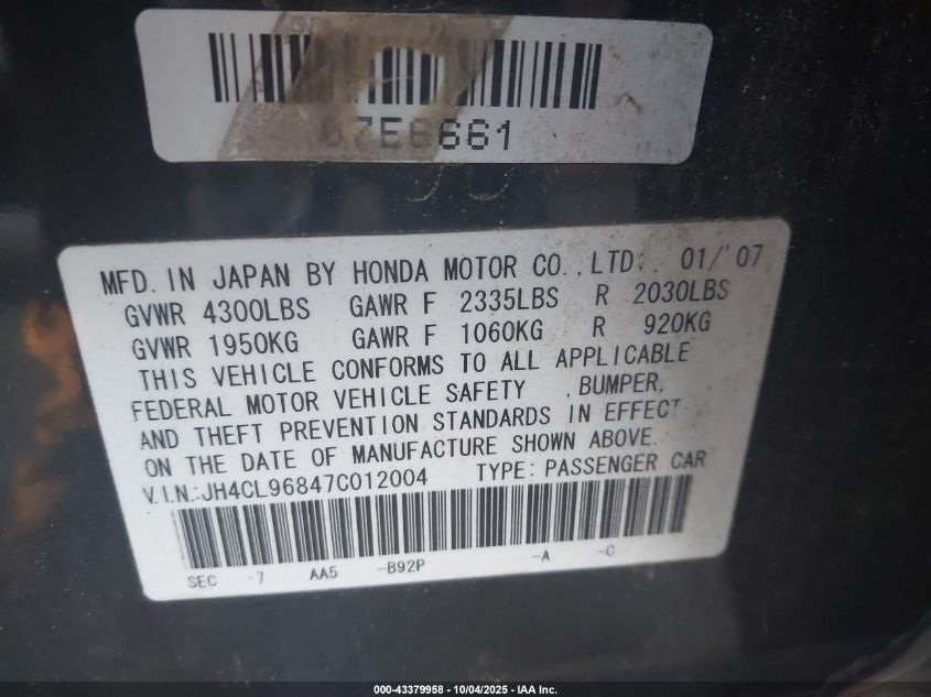 2007 Acura Tsx VIN: JH4CL96847C012004 Lot: 43379958