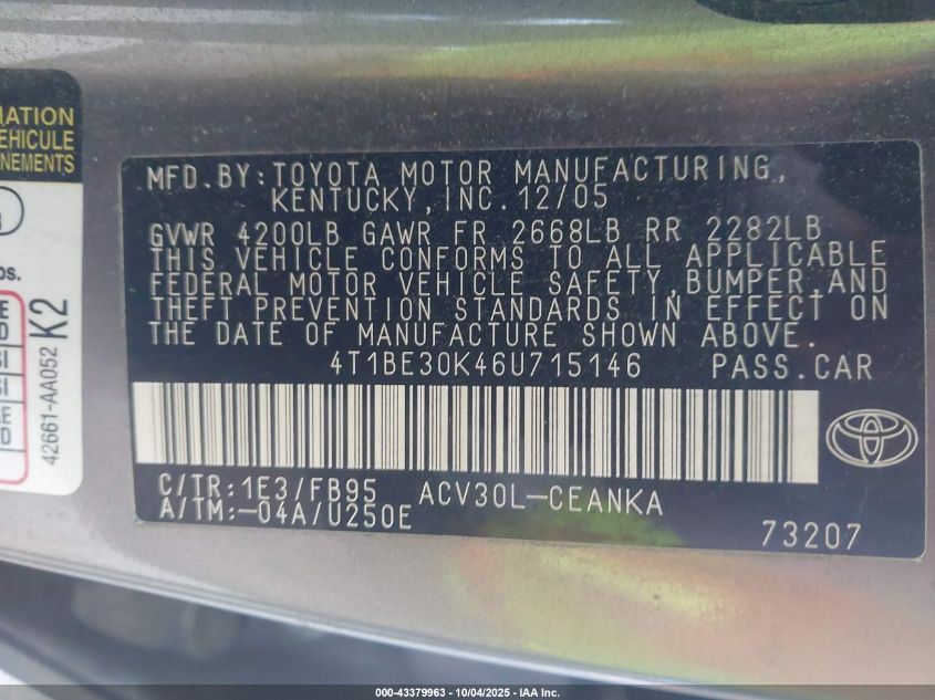 2006 Toyota Camry Le VIN: 4T1BE30K46U715146 Lot: 43379963
