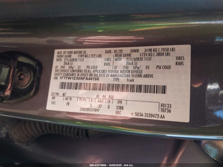2022 Ford F-150 Xlt VIN: 1FTFW1E50NFA44166 Lot: 43379968