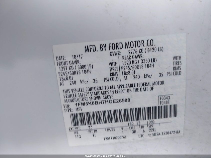 2017 Ford Explorer VIN: 1FM5K8BH7HGE26588 Lot: 43379969