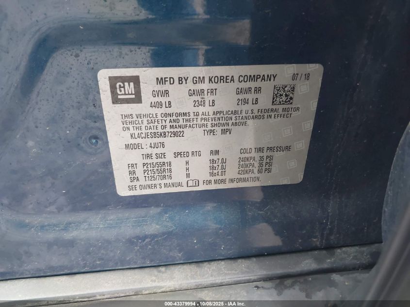 2019 Buick Encore Awd Preferred VIN: KL4CJESB5KB729022 Lot: 43379994