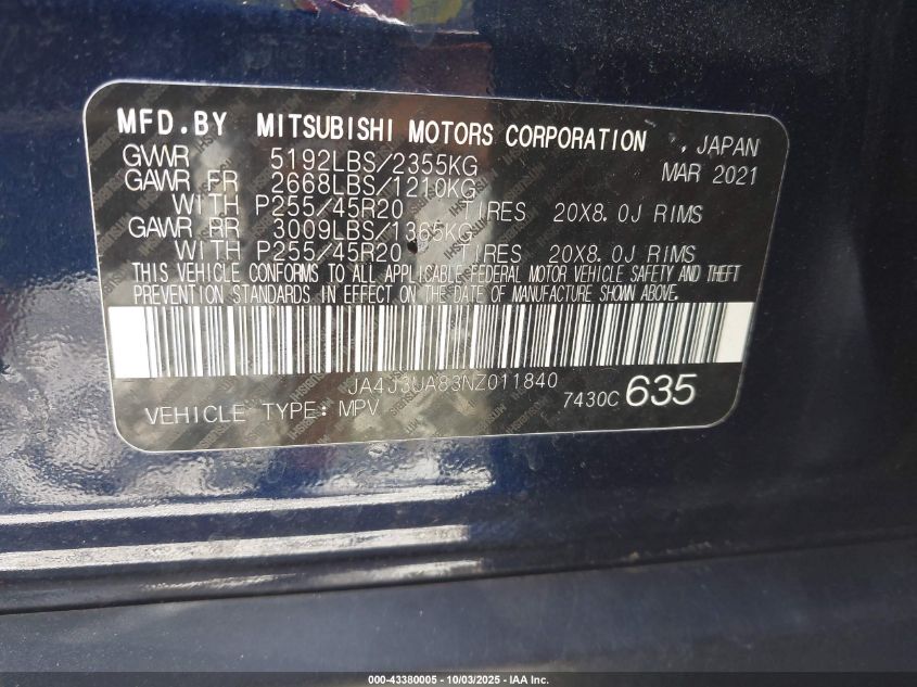 2022 Mitsubishi Outlander Black Edition 2Wd/Se 2.5 2Wd/Se Launch Edition 2Wd VIN: JA4J3UA83NZ011840 Lot: 43380005