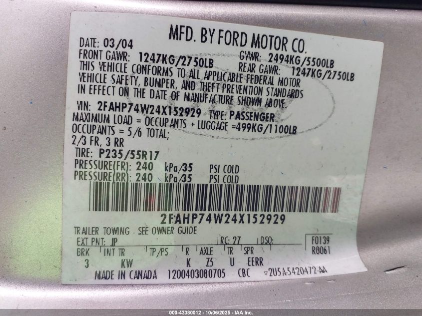 2004 Ford Crown Victoria Lx VIN: 2FAHP74W24X152929 Lot: 43380012