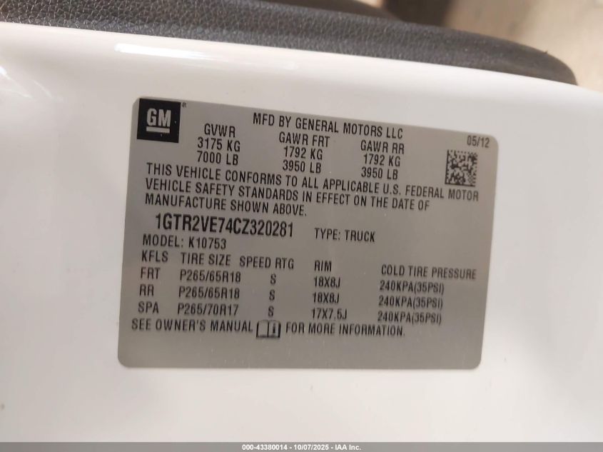 2012 GMC Sierra 1500 Sle VIN: 1GTR2VE74CZ320281 Lot: 43380014