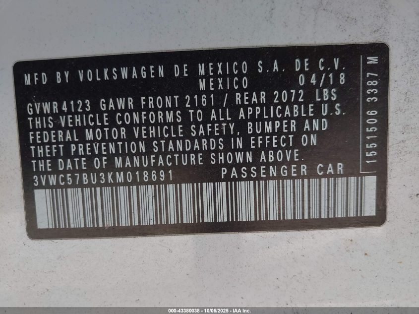 2019 Volkswagen Jetta 1.4T R-Line/1.4T S/1.4T Se VIN: 3VWC57BU3KM018691 Lot: 43380038