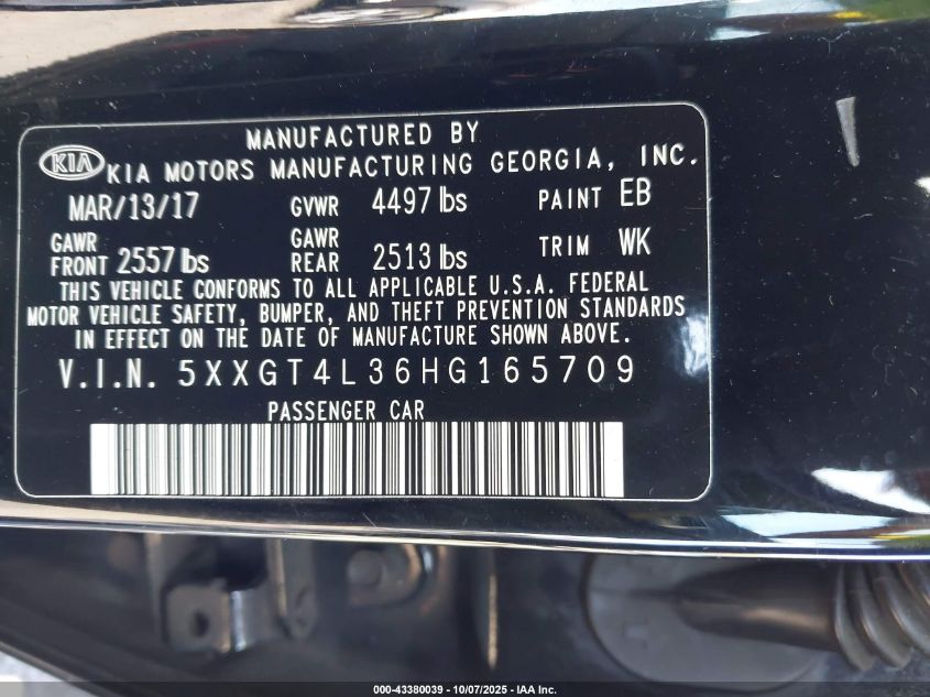 2017 Kia Optima Lx VIN: 5XXGT4L36HG165709 Lot: 43380039