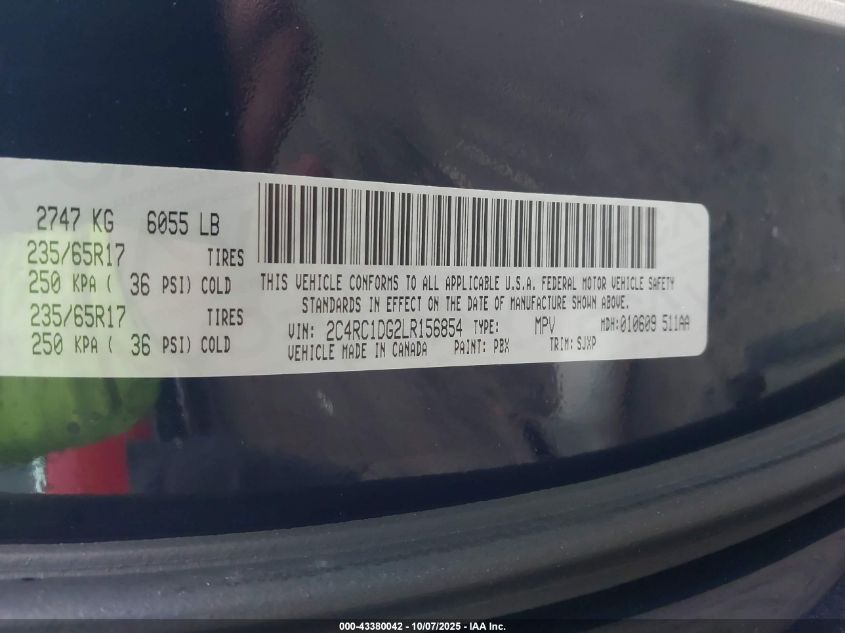 2020 Chrysler Voyager Lxi VIN: 2C4RC1DG2LR156854 Lot: 43380042