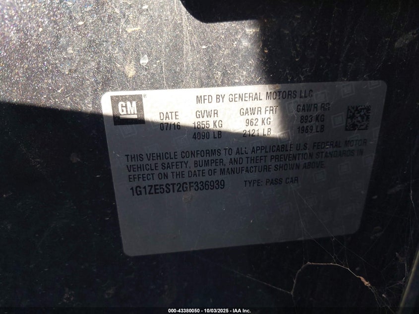 2016 Chevrolet Malibu 1Lt VIN: 1G1ZE5ST2GF336939 Lot: 43380050
