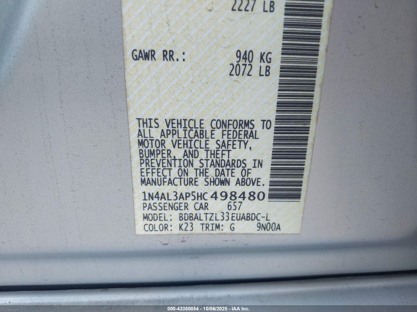 2017 Nissan Altima 2.5 Sl VIN: 1N4AL3AP5HC498480 Lot: 43380054