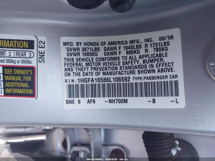 2006 Honda Civic Lx VIN: 1HGFA16586L106592 Lot: 43380055