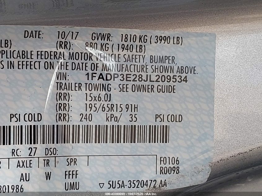 2018 Ford Focus S VIN: 1FADP3E28JL209534 Lot: 43380059