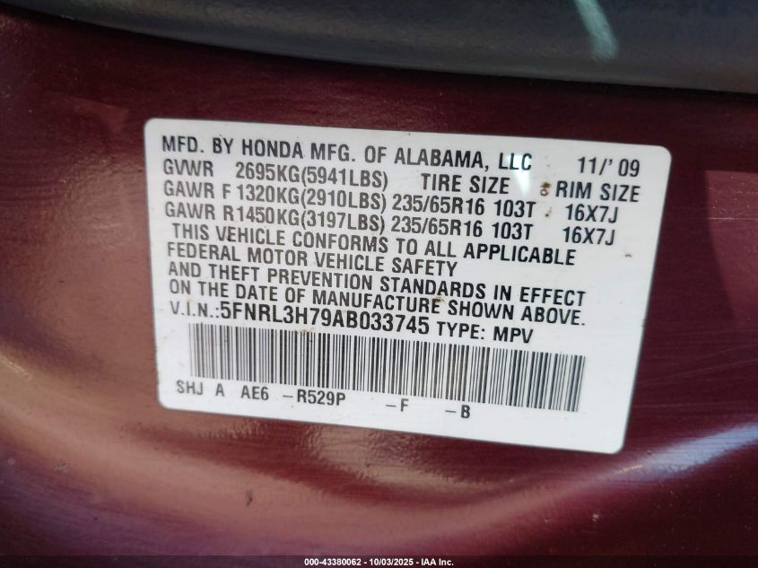 2010 Honda Odyssey Ex-L VIN: 5FNRL3H79AB033745 Lot: 43380062