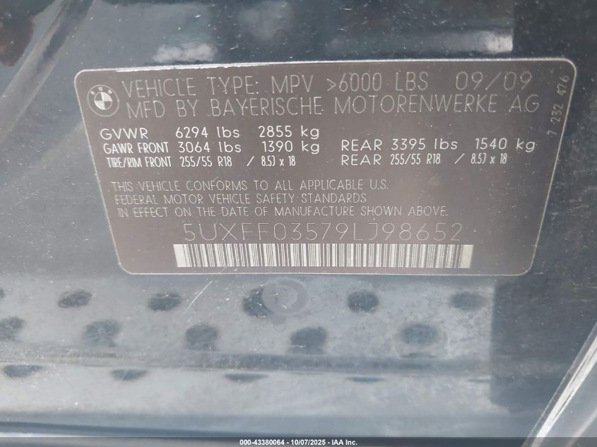 2009 BMW X5 xDrive35D VIN: 5UXFF03579LJ98652 Lot: 43380064